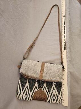Textured Black & Cream Crossbody Shoulder Bag with Cow Hide Flap